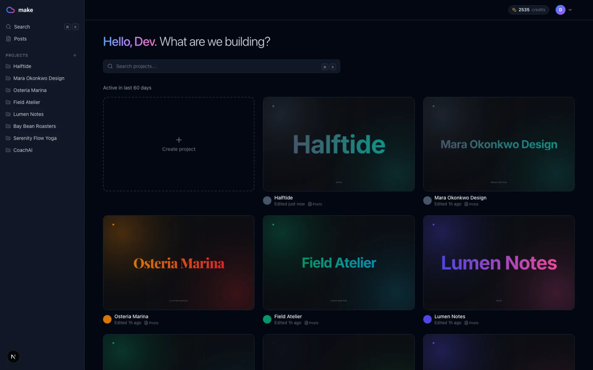 Make dashboard — your projects, each rendered as a wordmark thumbnail in its own brand.