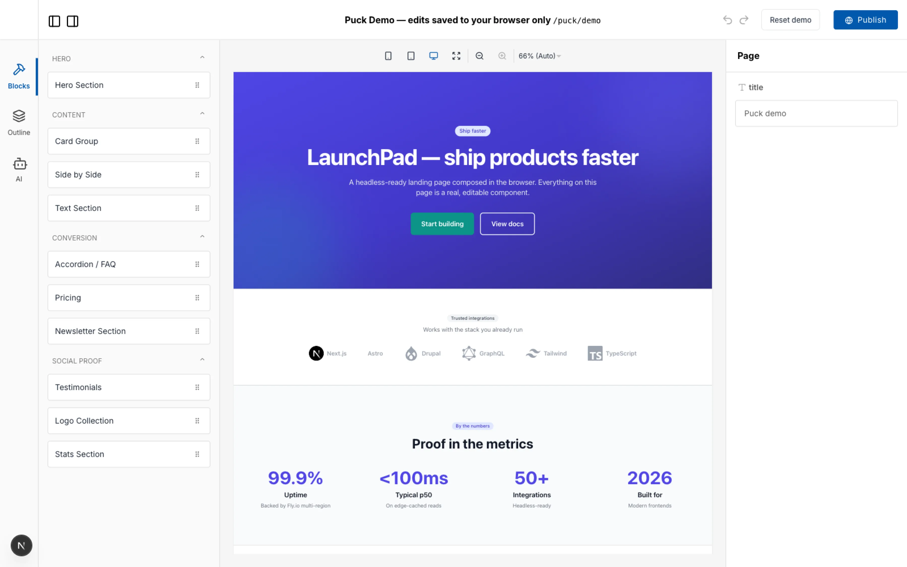 Decoupled.io visual page builder — the Puck editor building a LaunchPad landing page