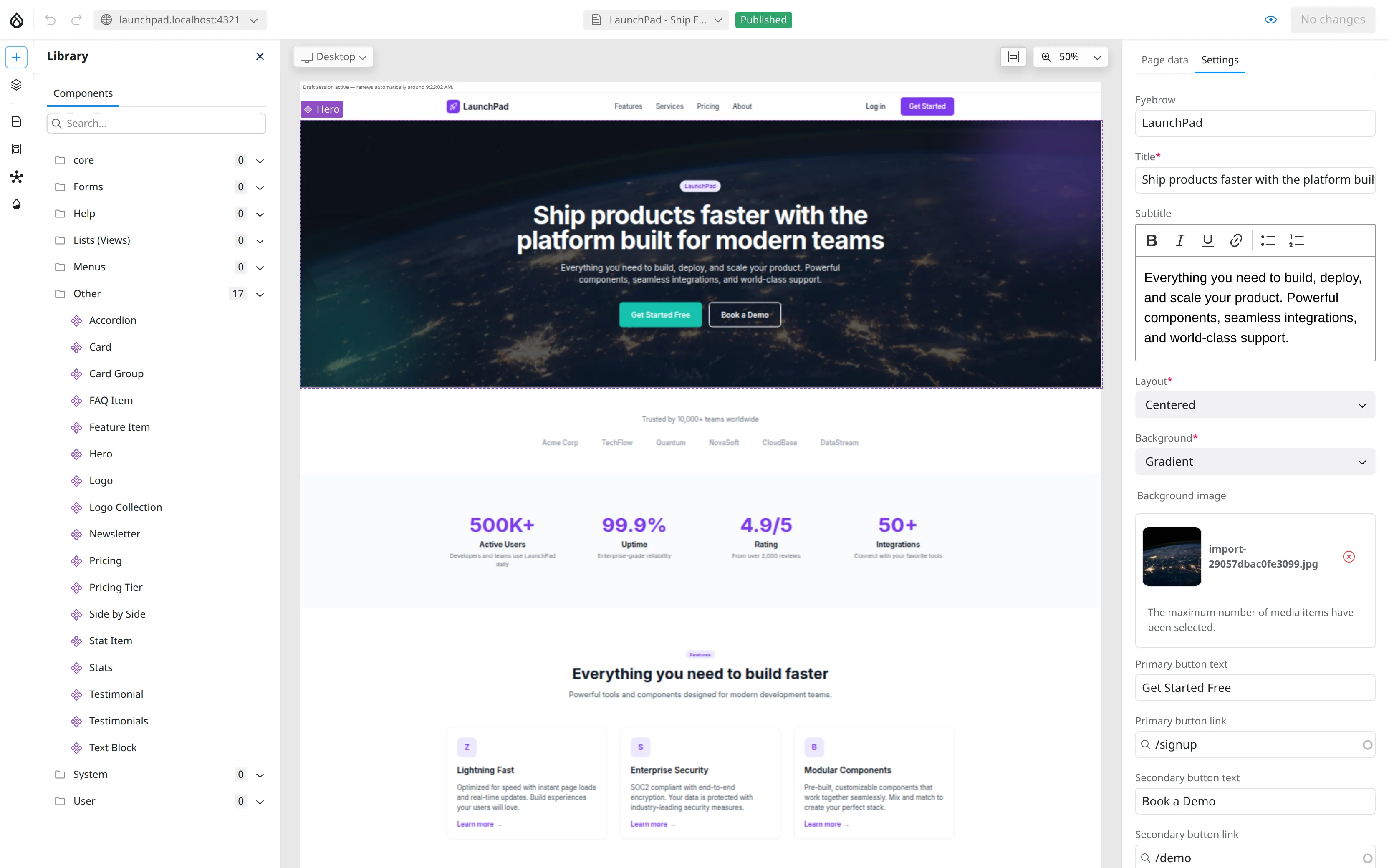 The visual editor: a component library on the left, a live preview of the page rendered by the site's own frontend in the middle, and the selected component's fields on the right.